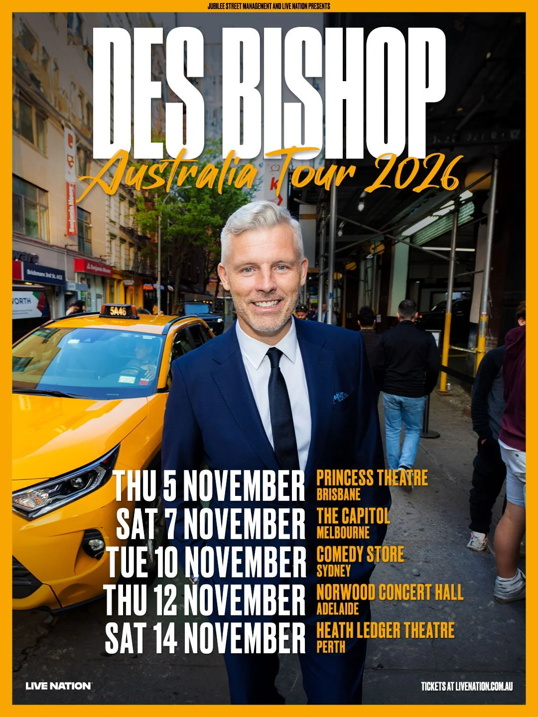 Des Bishop live tour poster 2026